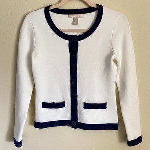 XS Petite Banana Republic white cardigan w/ blue